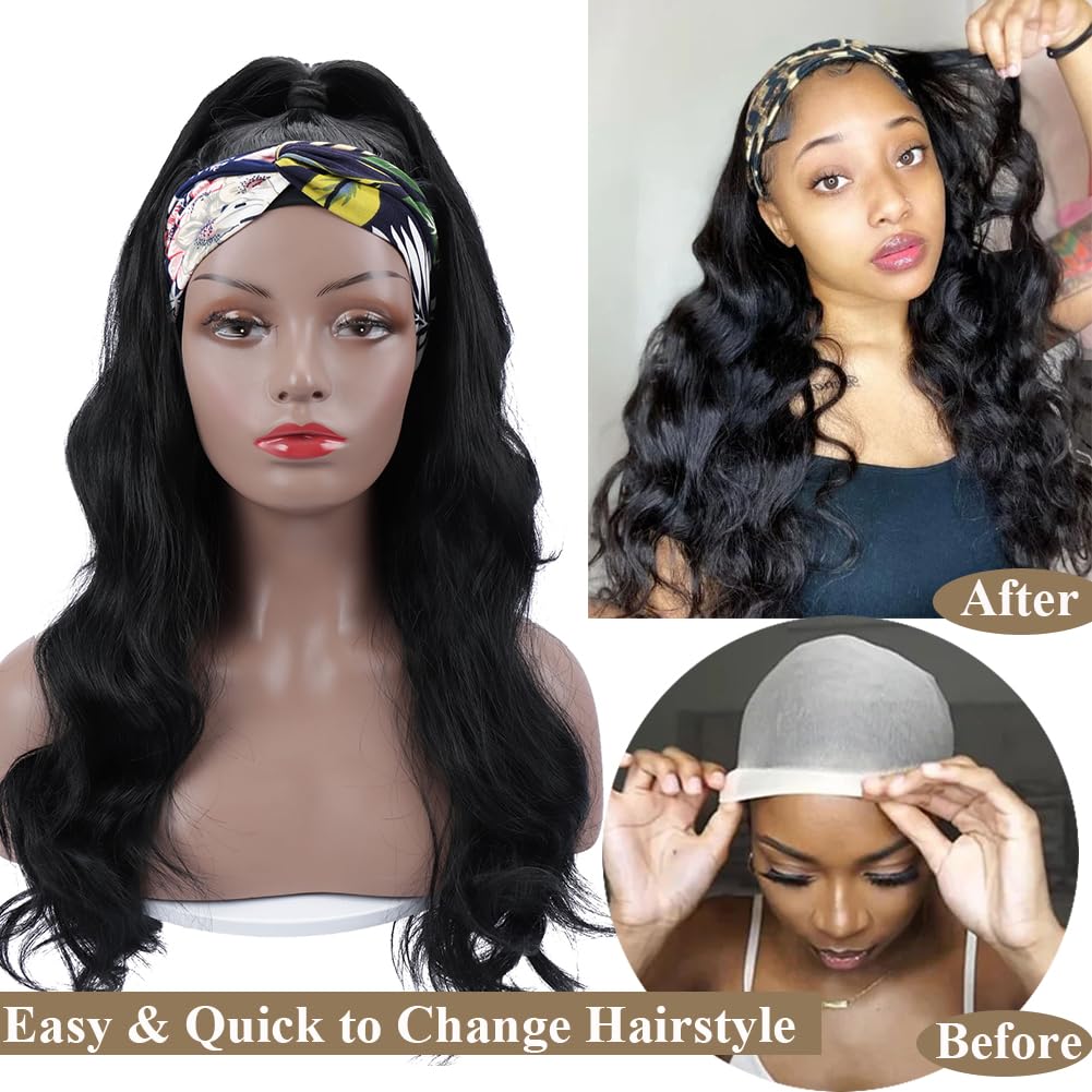 Colorful Queen Glueless Headband Wig Long Black Body Wave Headband Wigs for Black Women Synthetic Natural Looking Wavy Wig Heat Resistant 180% Density (26inch, 1B#) - Image 3