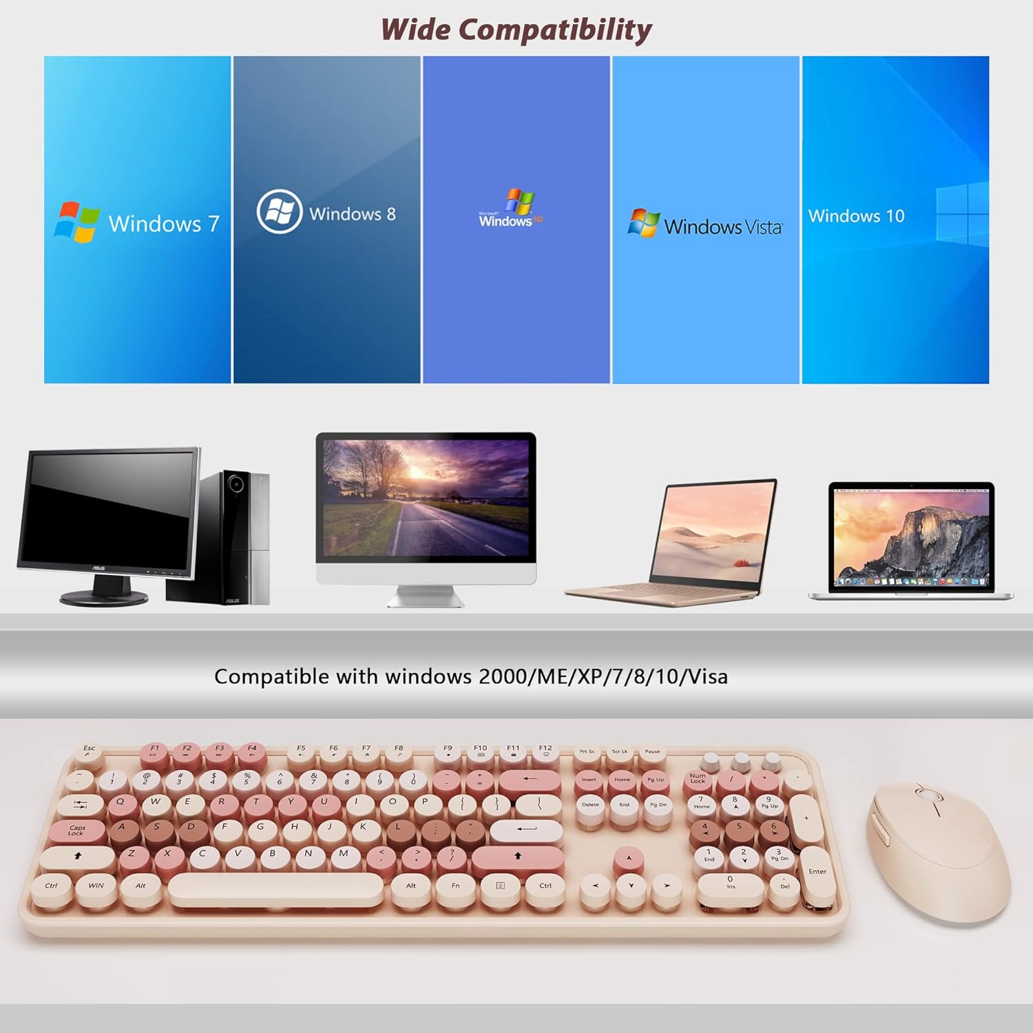 Colorful Wireless Keyboard and Mouse Combo - 104 Key Wireless Keyboard with Number Pad for Windows PC, Notebook, Laptop (Chocolate) - Image 9