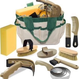 Complete 9 Piece Horse Grooming Kit with Tote Bag, Horse Brush Set for Effective Grooming and Bathing, Professional Equine Coat Care Supplies for Horse Riders