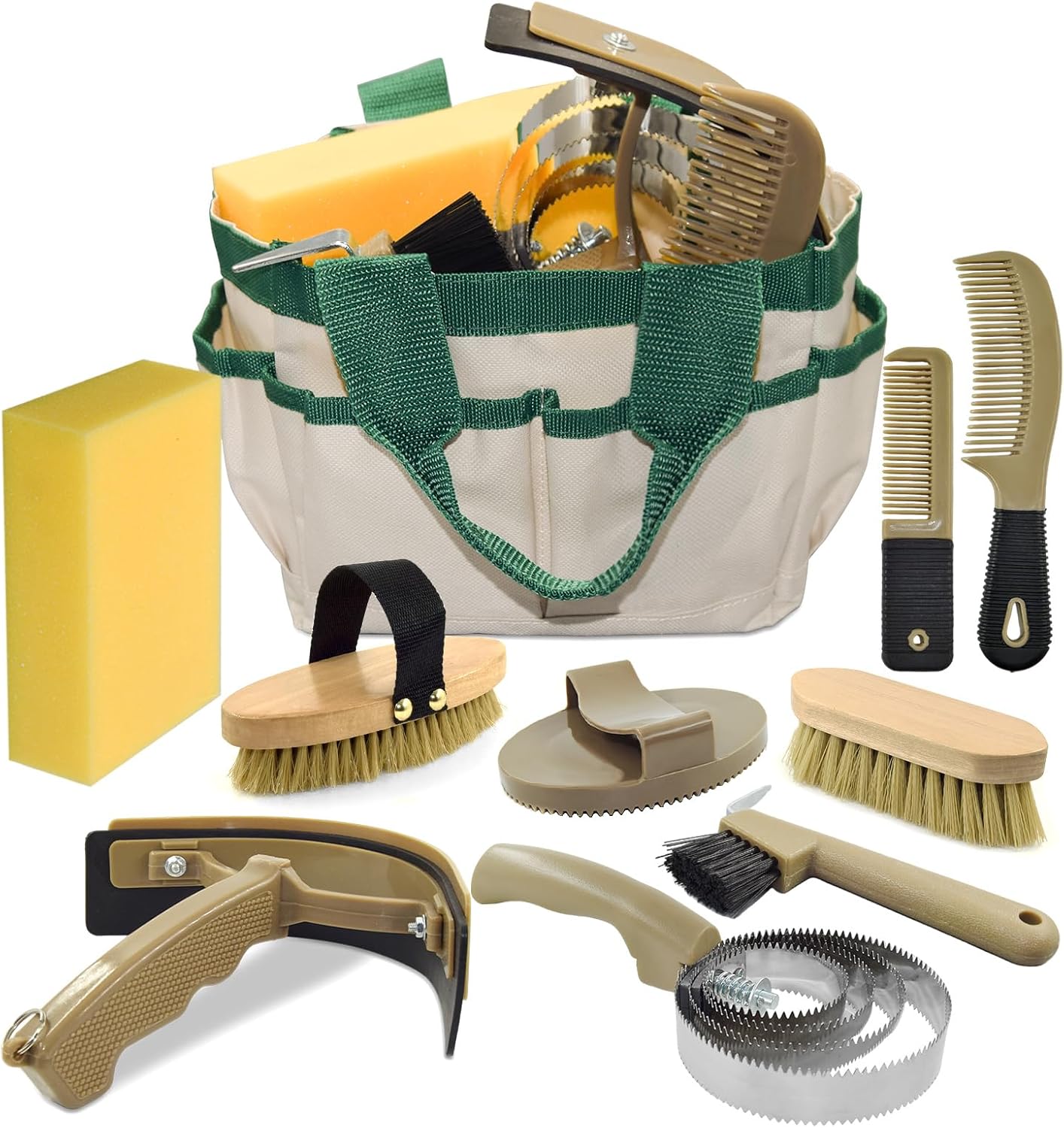 Complete 9 Piece Horse Grooming Kit with Tote Bag, Horse Brush Set for Effective Grooming and Bathing, Professional Equine Coat Care Supplies for Horse Riders