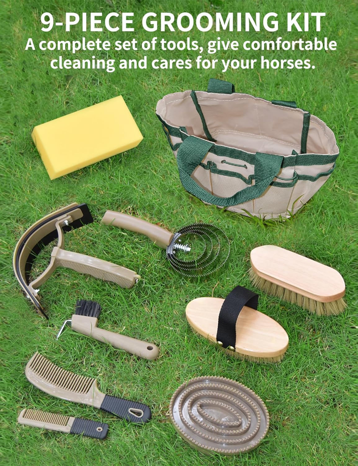 Complete 9 Piece Horse Grooming Kit with Tote Bag, Horse Brush Set for Effective Grooming and Bathing, Professional Equine Coat Care Supplies for Horse Riders - Image 5