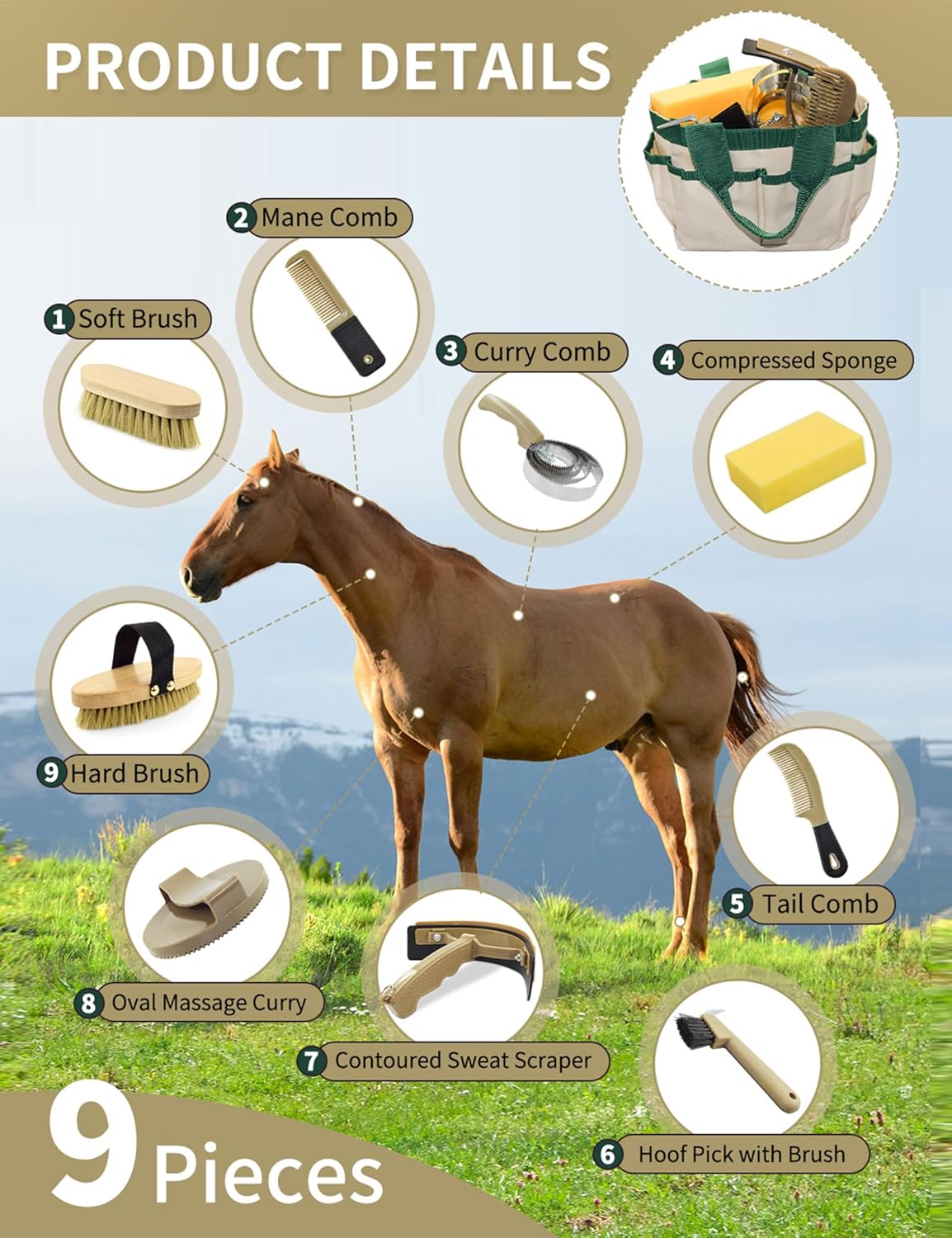 Complete 9 Piece Horse Grooming Kit with Tote Bag, Horse Brush Set for Effective Grooming and Bathing, Professional Equine Coat Care Supplies for Horse Riders - Image 3