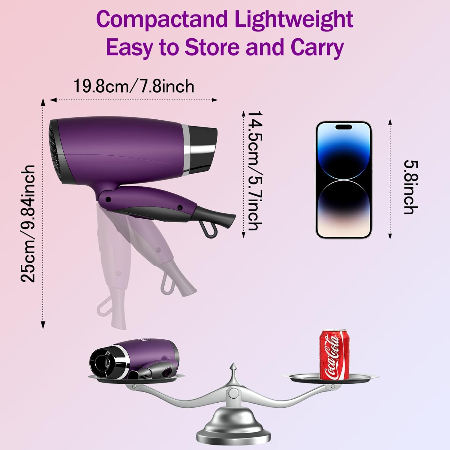 CONFU Portable Travel Hair Dryer 1600W Folding Handle Ceramic Tourmaline Ionic Purple - Image 6