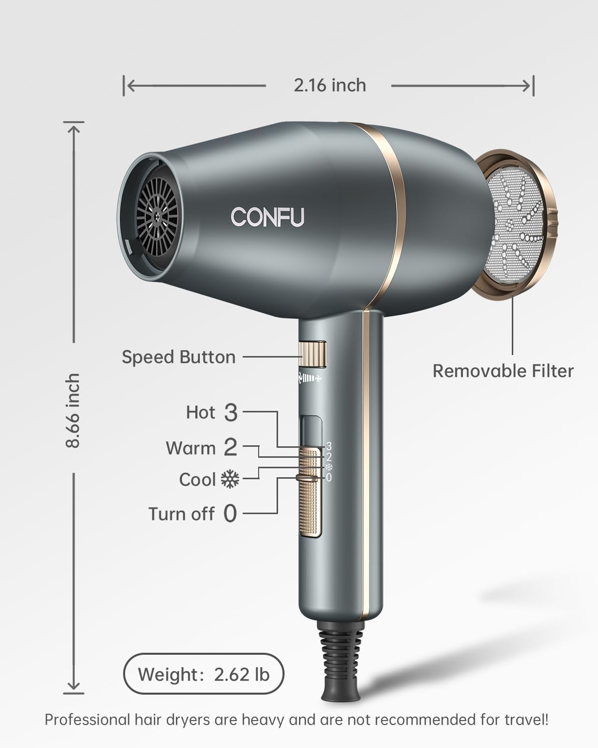 CONFU 1875W Negative Ionic Hair Dryer with Diffuser, Small Blow Dryer for Women and Men - Image 5