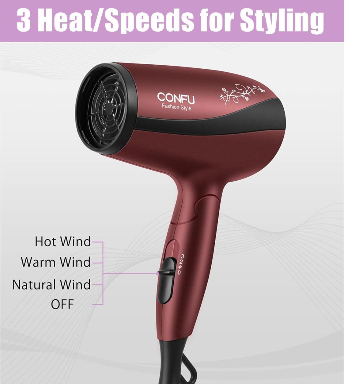 CONFU 1600W Portable Travel Blow Dryer, Ceramic Tourmaline Ionic, Compact Folding Lightweight for Women - Image 4