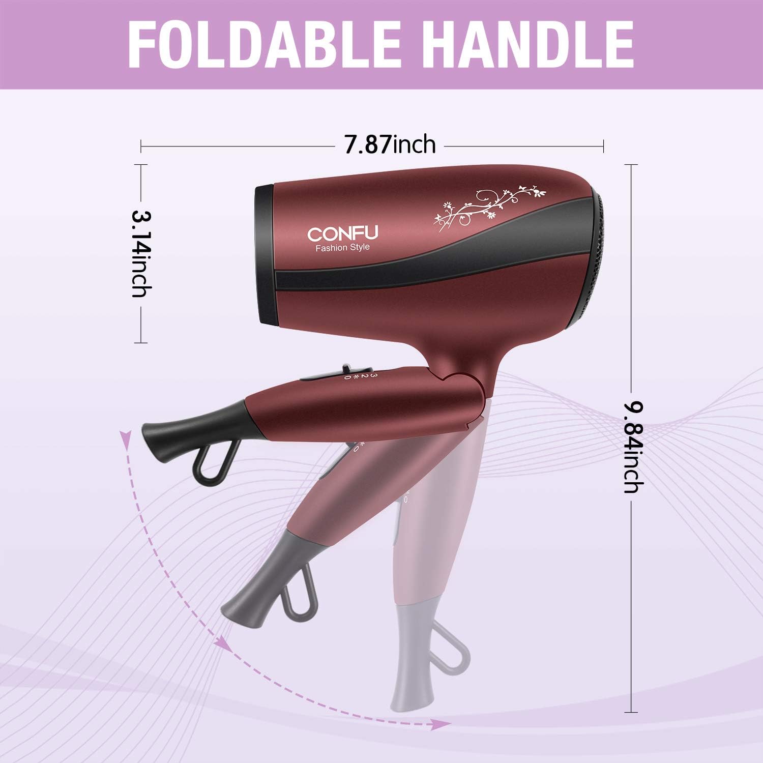 CONFU 1600W Portable Travel Blow Dryer, Ceramic Tourmaline Ionic, Compact Folding Lightweight for Women - Image 2