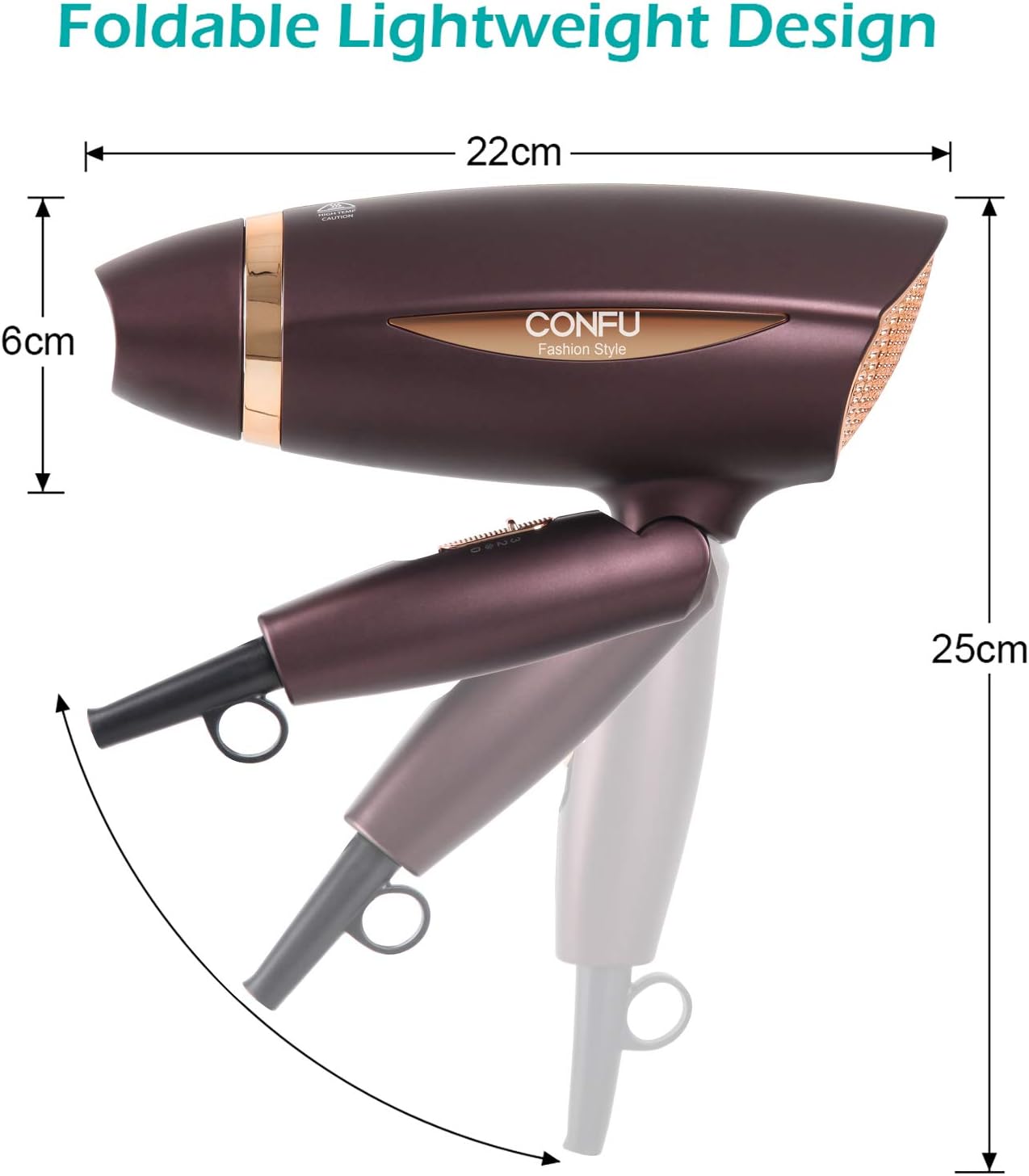 CONFU Portable Travel Hair Dryer, 1600W Ceramic Tourmaline Ionic Travel Blow Dryer, Compact Folding Lightweight Hair Dryers for Women Kids (Brown - Image 2