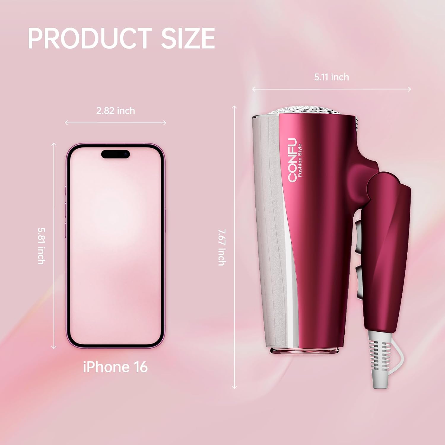 CONFU Professional 1875W Hair Dryer, Foldable Blow Dryers Ceramic Tourmaline Hair Dryer, Fast Drying Hairdryer with Concentrator, 2 Speed and 3 Heat Setting for Curly and Straight Hair - Image 8