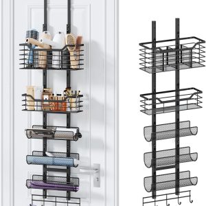 Consmest 6-Tier Hair Tool Organizer - Hair Dryer Holder Over The Door/Wall Mounted DIY Adjustable Shelf Bathroom Door Organizer with Hook for Curling Iron/Blow Dryer/Straightener Black