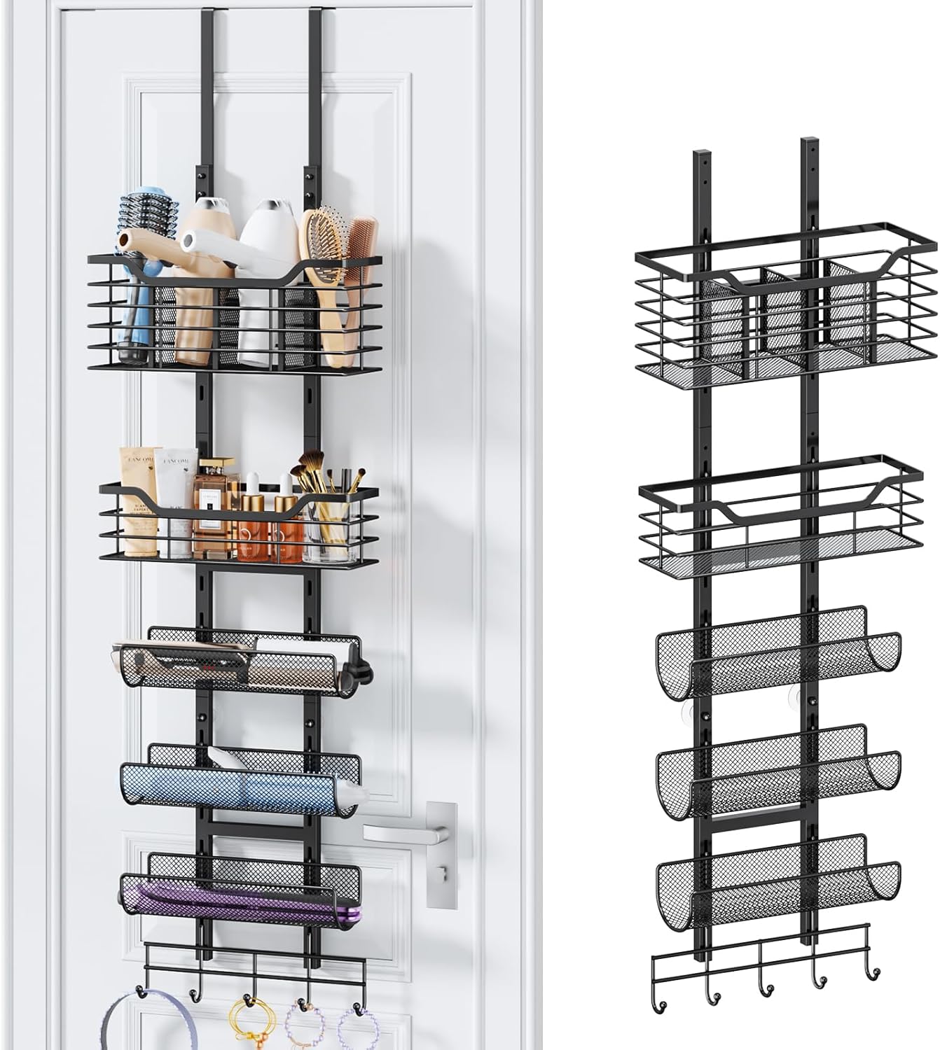 Consmest 6-Tier Hair Tool Organizer - Hair Dryer Holder Over The Door/Wall Mounted DIY Adjustable Shelf Bathroom Door Organizer with Hook for Curling Iron/Blow Dryer/Straightener Black