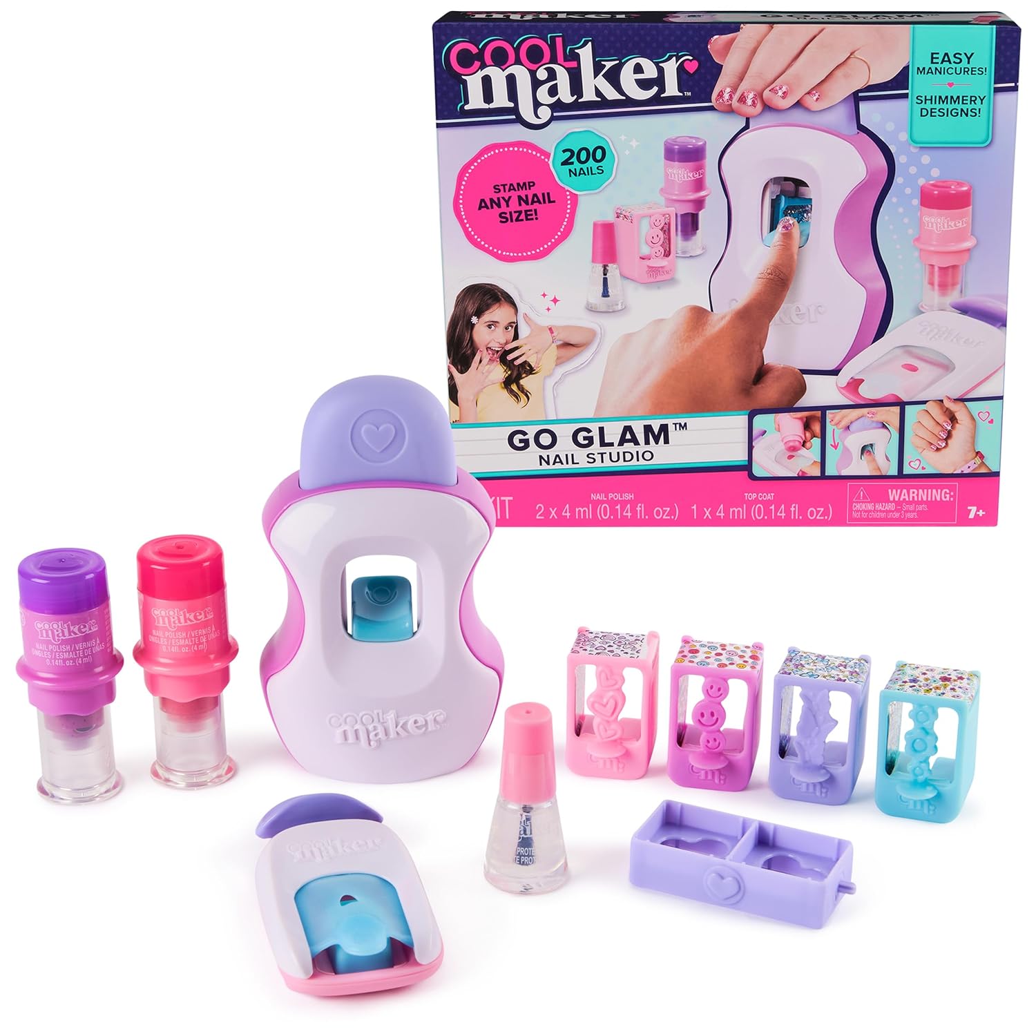 Cool Maker, GO GLAM Studio Nail Kit, Style 200 Nails, 4 Designs, 2 Polish Applicators & Mask (Packaging May Vary), Arts and Crafts for Ages 7 and up