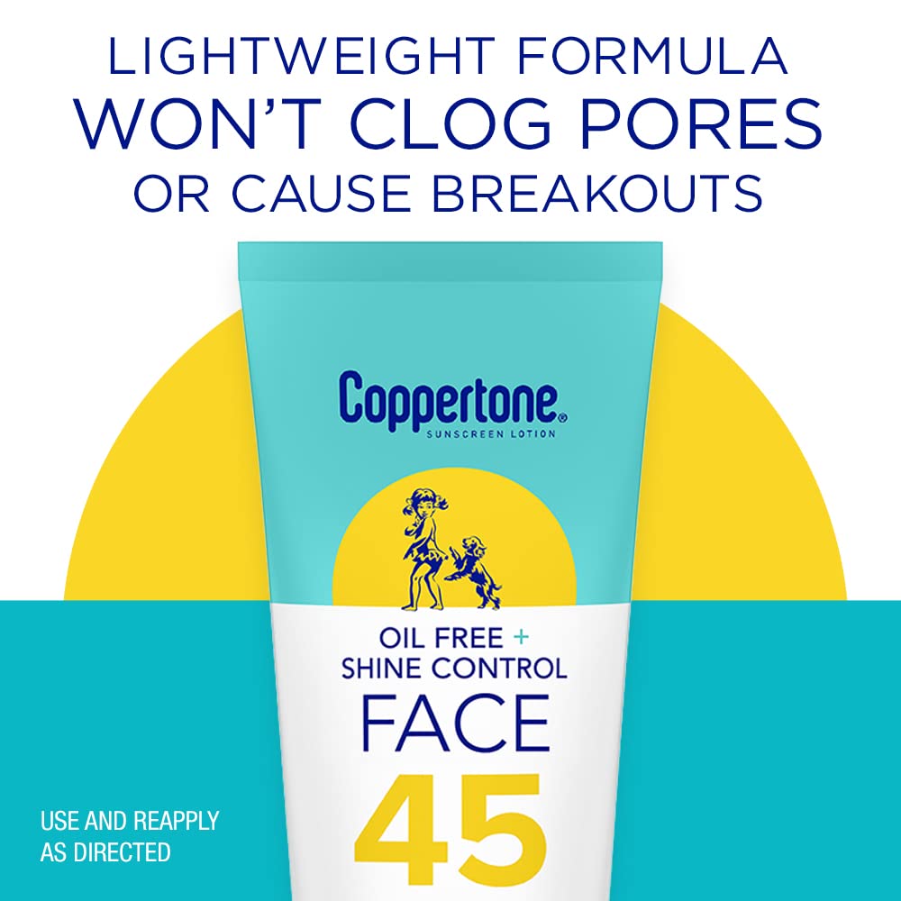 Coppertone Oil Free + Shine Control Sunscreen Face Lotion SPF 45, Lightweight Sunscreen for All Skin Tones, Won't Clog Pores, Fragrance Free, 2.5 Fl Oz Tube - Image 4
