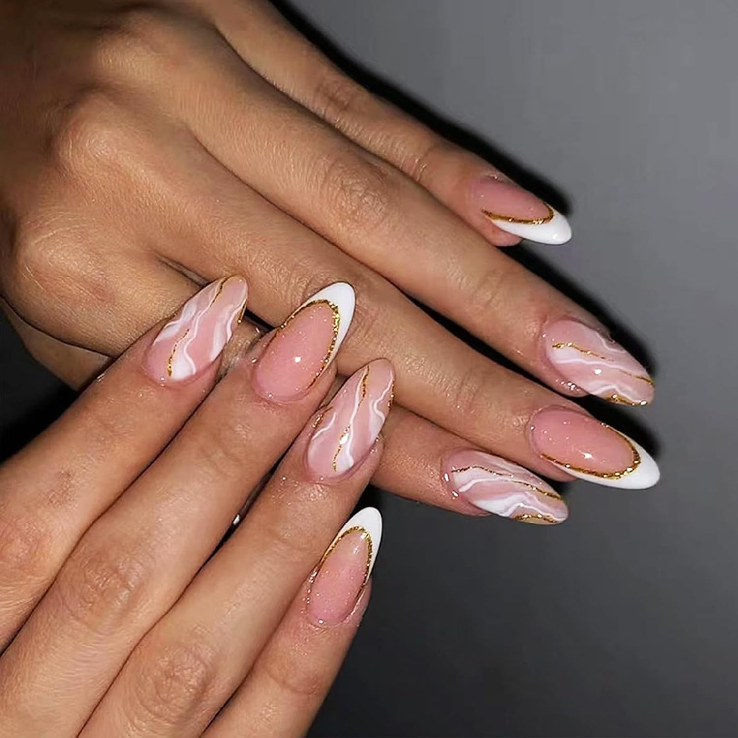 Coquette White French Tips Marble Design Gold Glitter Acrylic Fake Nails Curve Line Stick on Short Almond Glossy French False Nails Gradient Gel Glue 24 Pcs