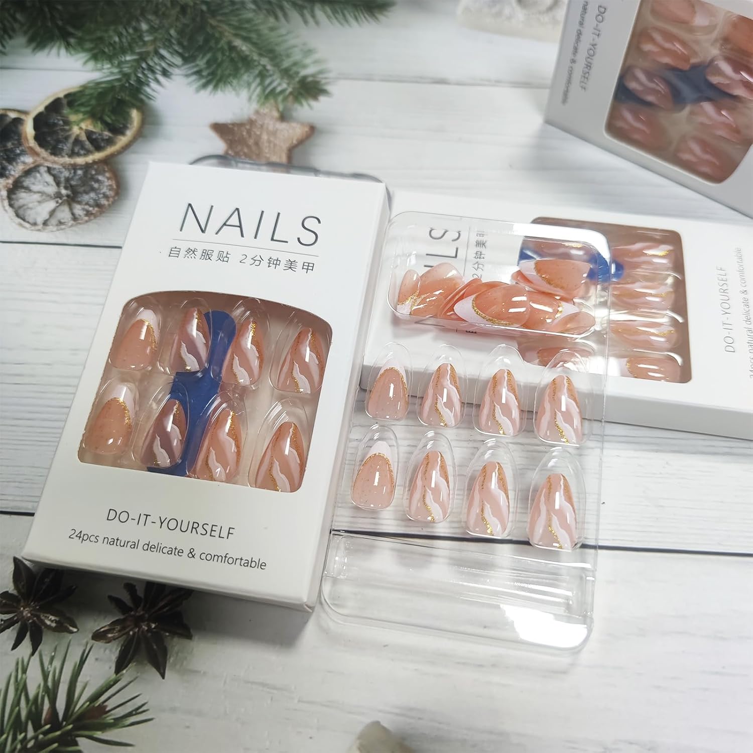 Coquette White French Tips Marble Design Gold Glitter Acrylic Fake Nails Curve Line Stick on Short Almond Glossy French False Nails Gradient Gel Glue 24 Pcs - Image 2