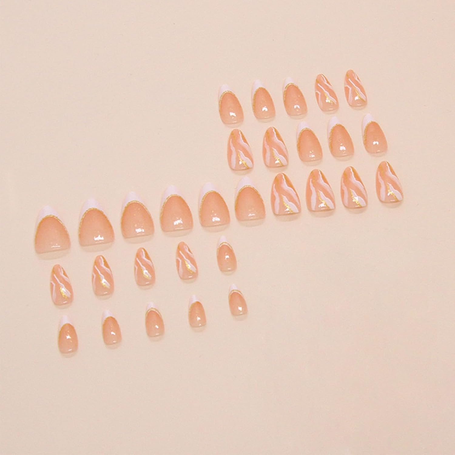 Coquette White French Tips Marble Design Gold Glitter Acrylic Fake Nails Curve Line Stick on Short Almond Glossy French False Nails Gradient Gel Glue 24 Pcs - Image 7