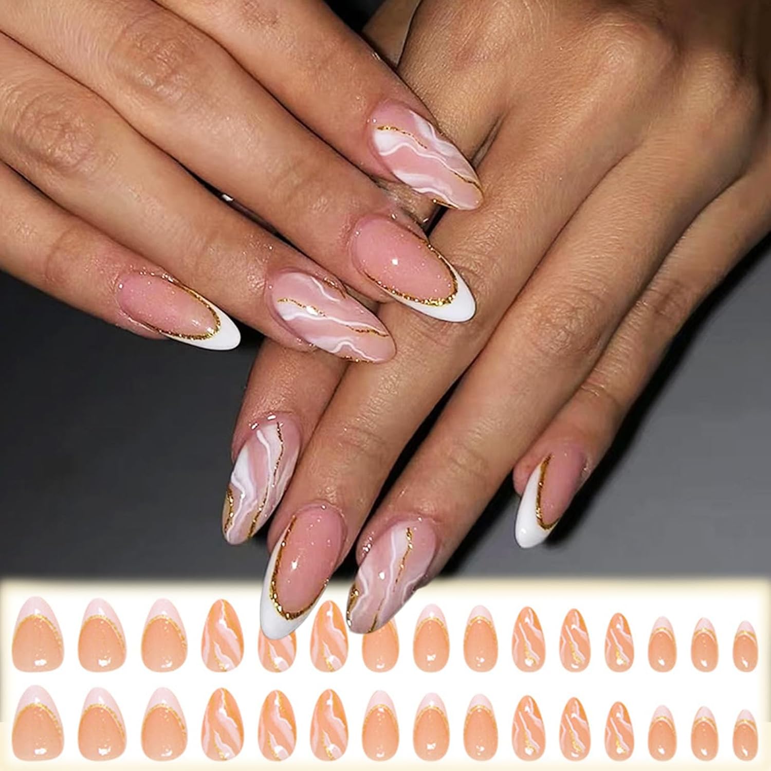 Coquette White French Tips Marble Design Gold Glitter Acrylic Fake Nails Curve Line Stick on Short Almond Glossy French False Nails Gradient Gel Glue 24 Pcs - Image 6