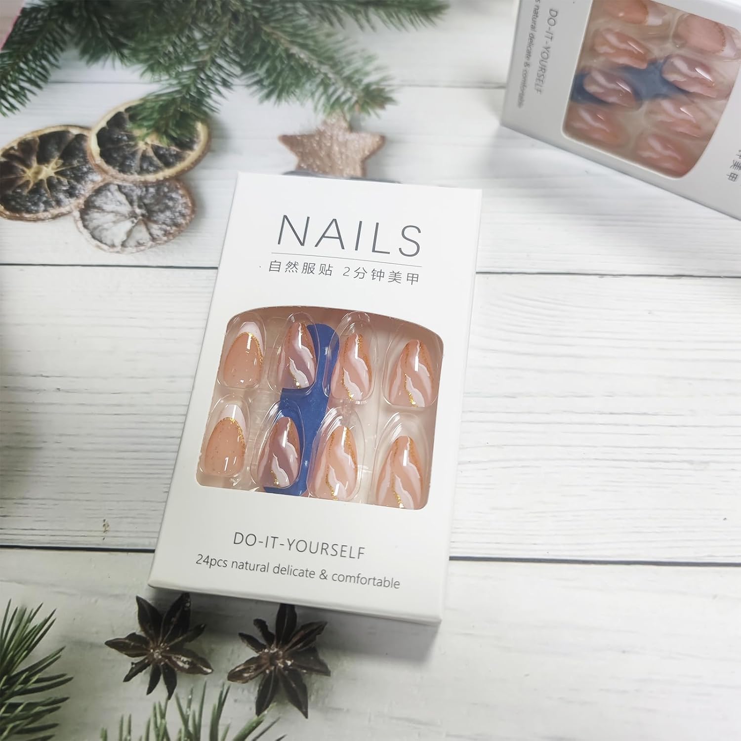 Coquette White French Tips Marble Design Gold Glitter Acrylic Fake Nails Curve Line Stick on Short Almond Glossy French False Nails Gradient Gel Glue 24 Pcs - Image 4