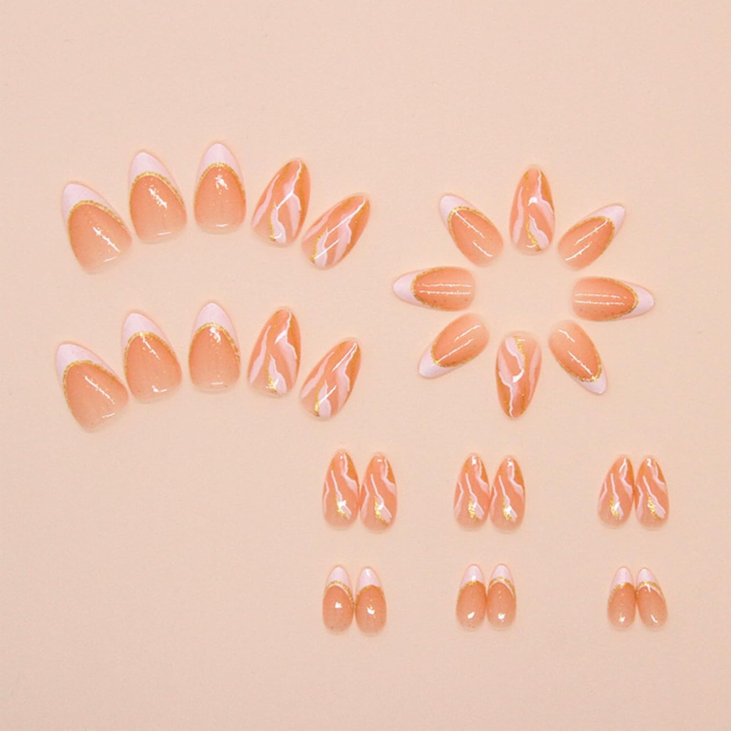 Coquette White French Tips Marble Design Gold Glitter Acrylic Fake Nails Curve Line Stick on Short Almond Glossy French False Nails Gradient Gel Glue 24 Pcs - Image 3