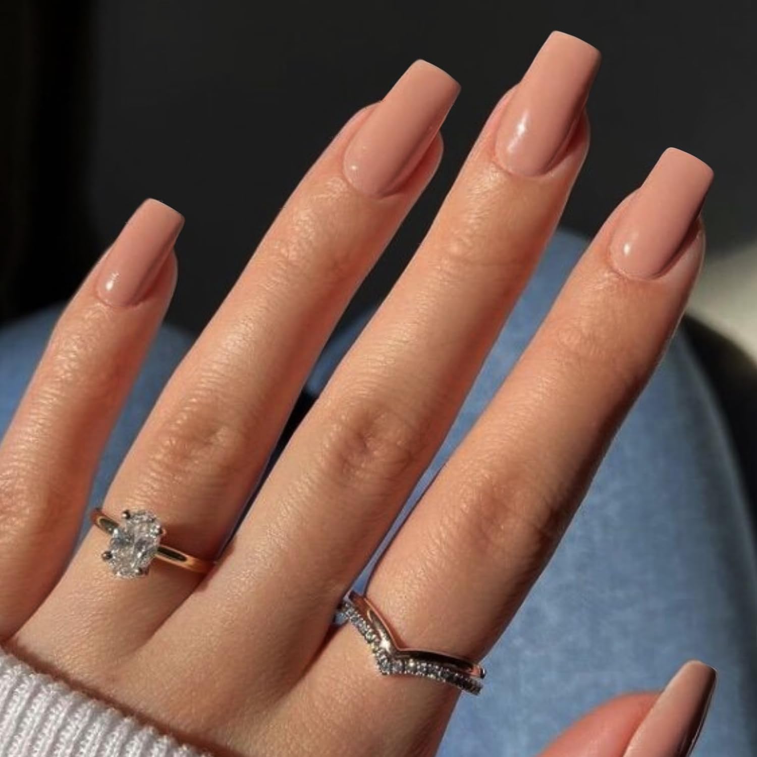 Coral Pink Press on Nails Long Square, KXAMELIE Medium Coffin Nails Press ons Long Glue on Nails Natural Thick Fake Nails Acrylic Reusable 24 Solid Color for Women - Image 3