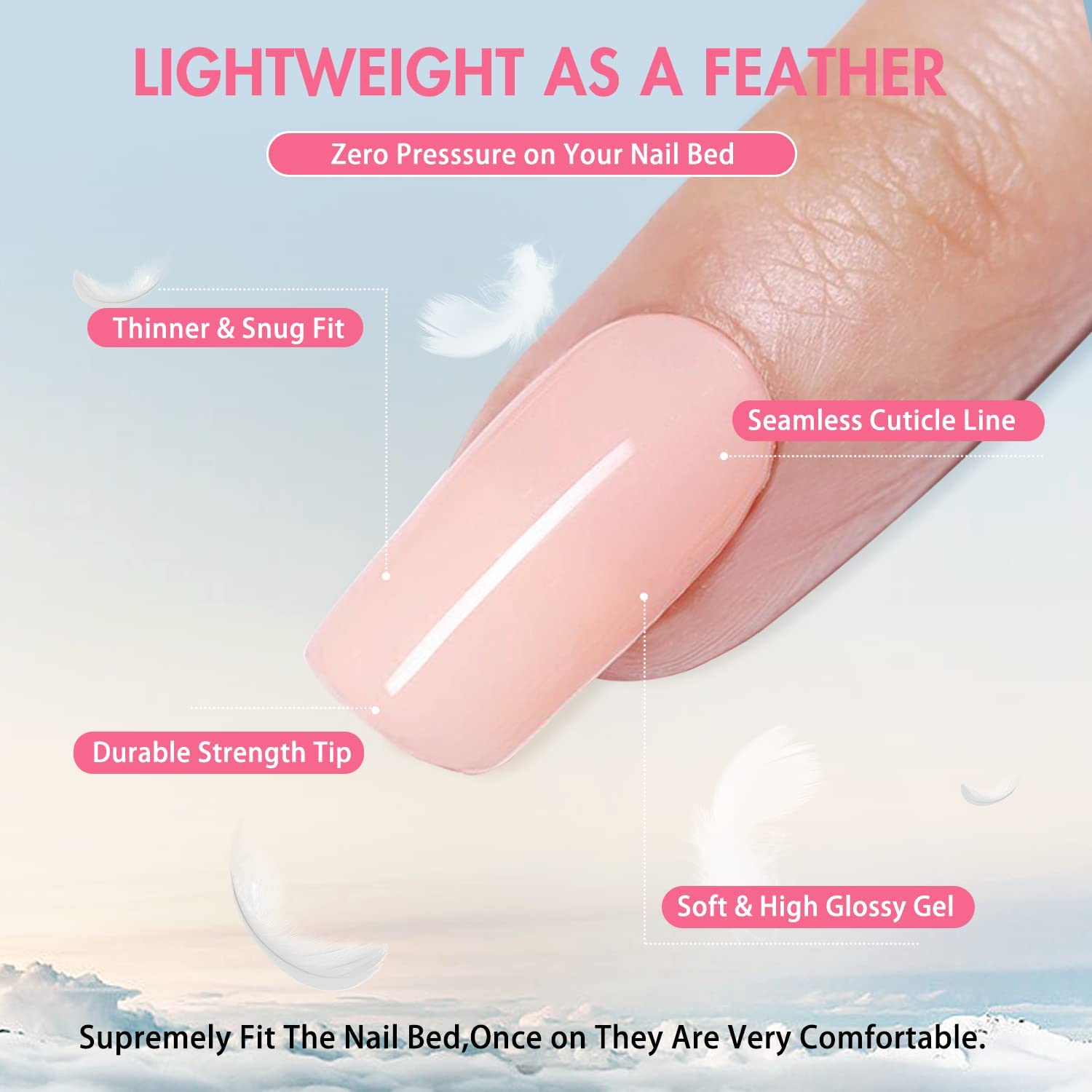 Coral Pink Press on Nails Long Square, KXAMELIE Medium Coffin Nails Press ons Long Glue on Nails Natural Thick Fake Nails Acrylic Reusable 24 Solid Color for Women - Image 5