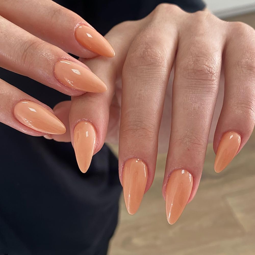 Coral Press on Nails Almond Shaped Nails Press ons, Medium Fake Nails Almond Acrylic Nails Glue on Nail Medium Length False Nail for Women Thick Natural Gel Stiletto 24Pcs - Image 3