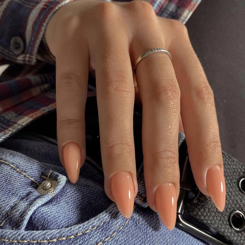 Coral Press on Nails Almond Shaped Nails Press ons, Medium Fake Nails Almond Acrylic Nails Glue on Nail Medium Length False Nail for Women Thick Natural Gel Stiletto 24Pcs - Image 2