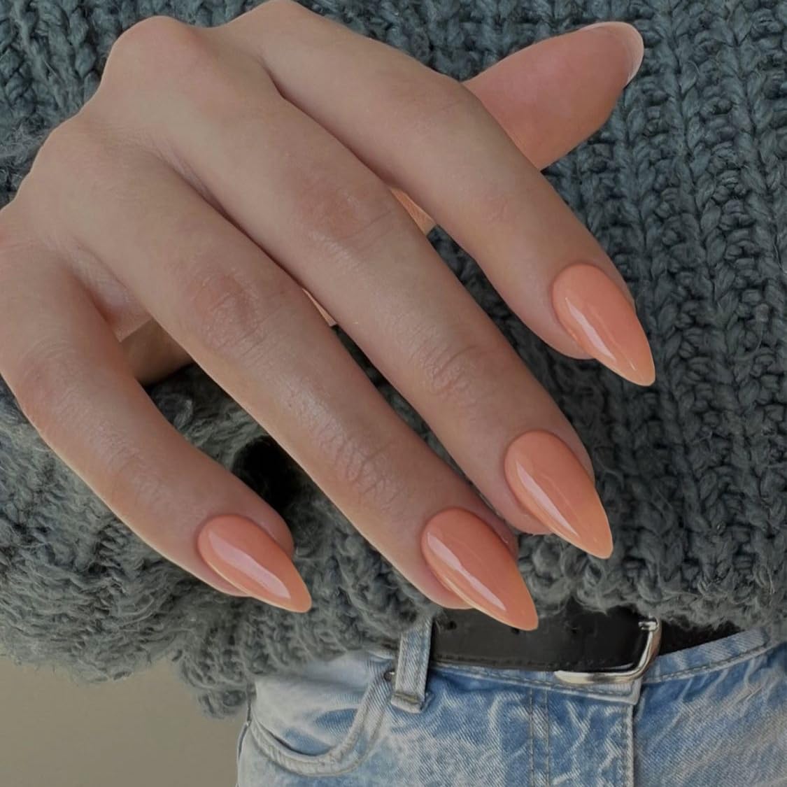 Coral Press on Nails Almond Shaped Nails Press ons, Medium Fake Nails Almond Acrylic Nails Glue on Nail Medium Length False Nail for Women Thick Natural Gel Stiletto 24Pcs