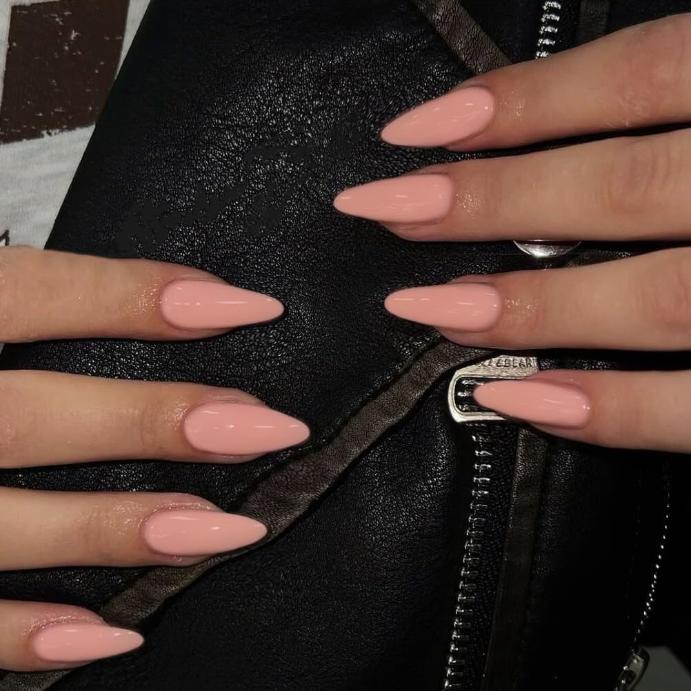 Coral Press on Nails Medium Stiletto Almond,KQueenest Glossy Peach Color Press on Acrylic Nails Set,Reusable Medium Fake Nails for Women Nails Art Manicure in 24 PCS - Image 2