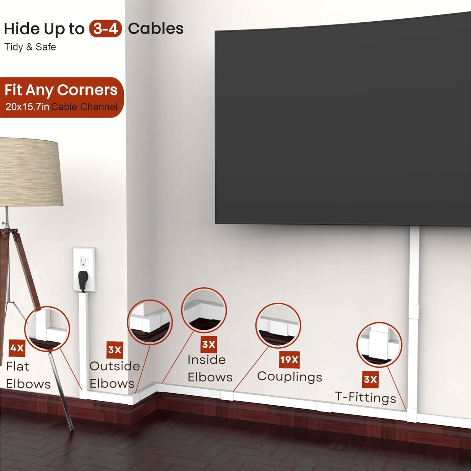Cord Hider, Wire Cover, Cord Covers Wall Mounted TV, Cable Hider, 315 in Paintable White Raceway Kit, Electrical Cords Concealer, Cable Management, Hide Cords Wall, Wire Molding, Adhesive Channel - Image 4