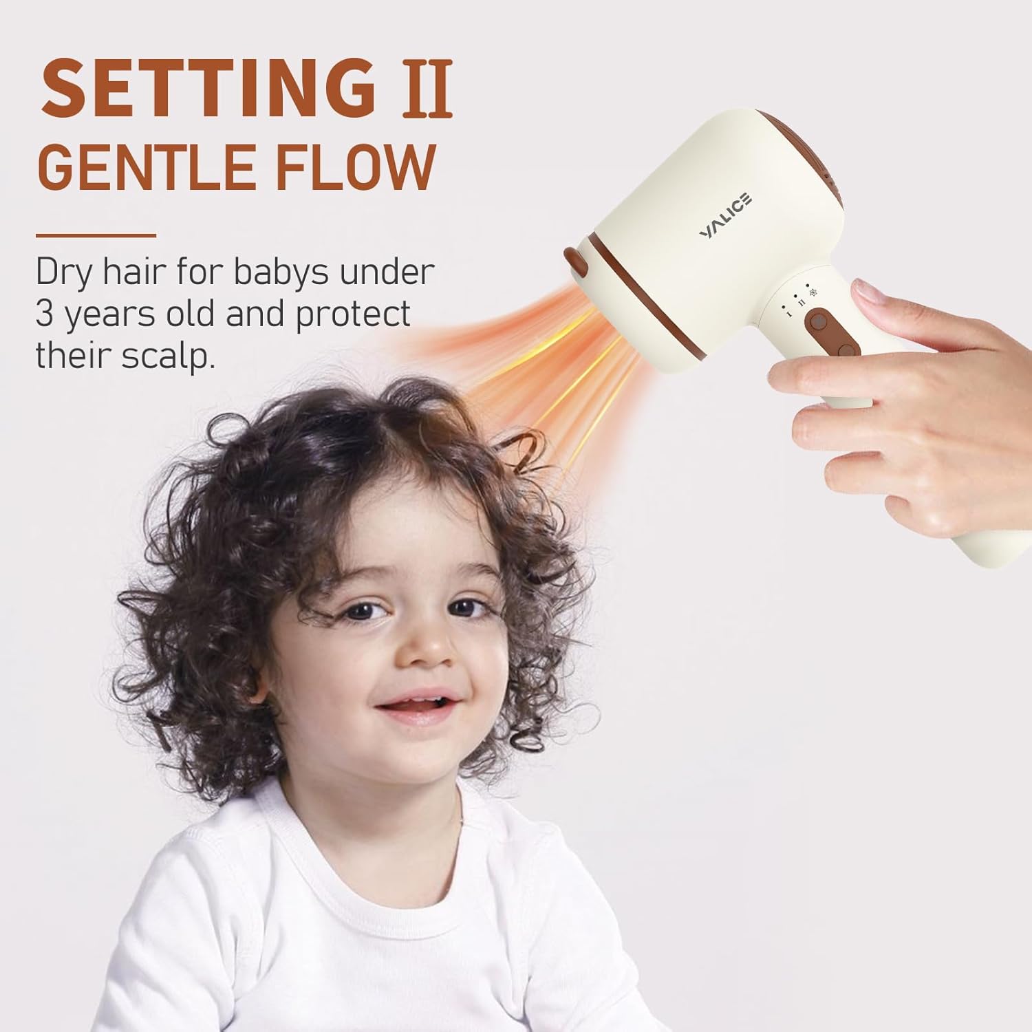 Rechargeable Cordless Baby Hair Dryer for Infants and Toddlers 0-3 Years, Gentle Low Heat, 3 Speeds, Khaki - Image 3