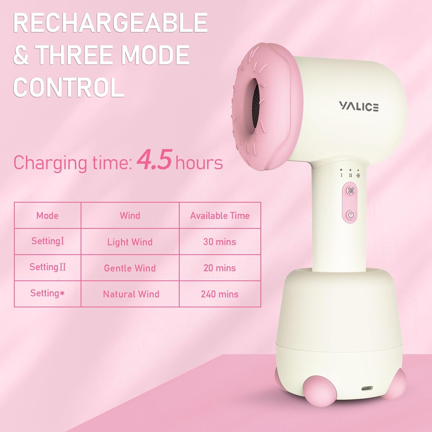 Cordless Hair Dryer for Baby, Mini Kids Hair Blow Dryer Rechargeable Low Noise Gentle Heat for Infant Butt Skin with 3 Speed Settings, 0-3 Years Using (Pink) - Image 8