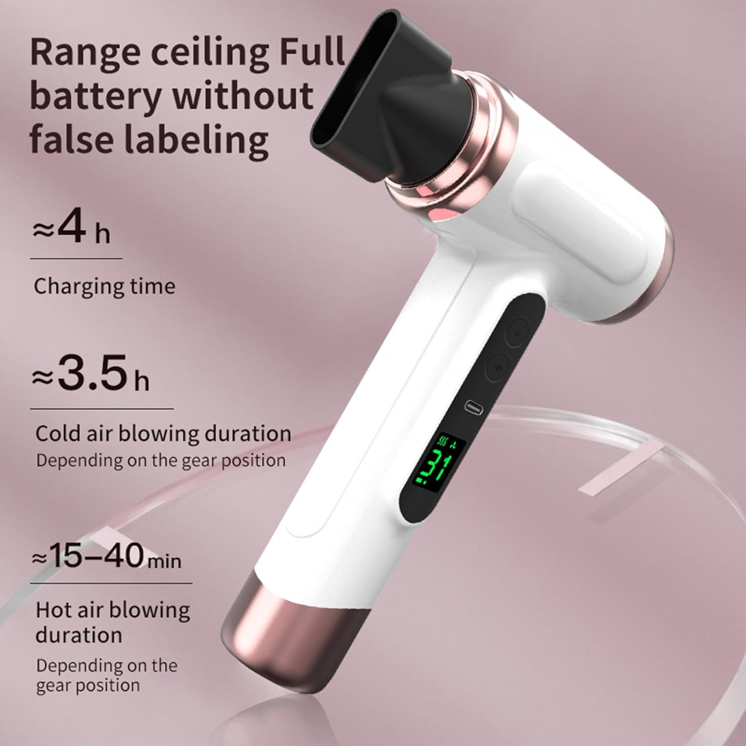 Cordless Hair Dryer,15000mAh Rechargeable Hair Dryer,3 Adjustable Cold Hot Wind,200W Battery Operated Hair Dryer for Travel Camping - Image 2