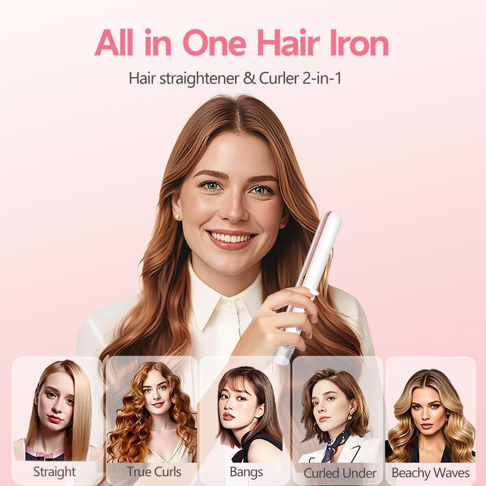 Cordless Hair Straightener and Curler 2 in 1, Fast Heating Ceramic Flat Iron, Rechargeable Wireless Straightening Iron for Women, Portable Travel Hair Styler (White) - Image 3