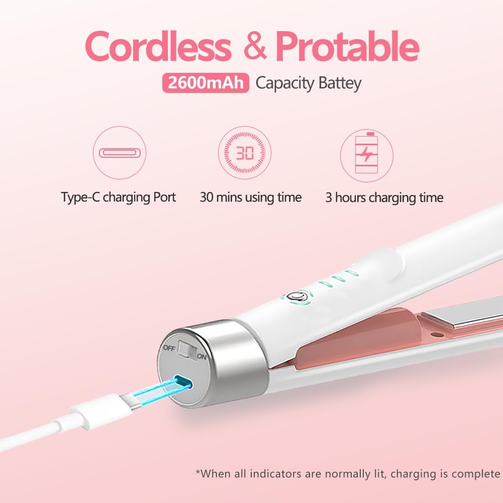 Cordless Hair Straightener and Curler 2 in 1, Fast Heating Ceramic Flat Iron, Rechargeable Wireless Straightening Iron for Women, Portable Travel Hair Styler (White) - Image 4
