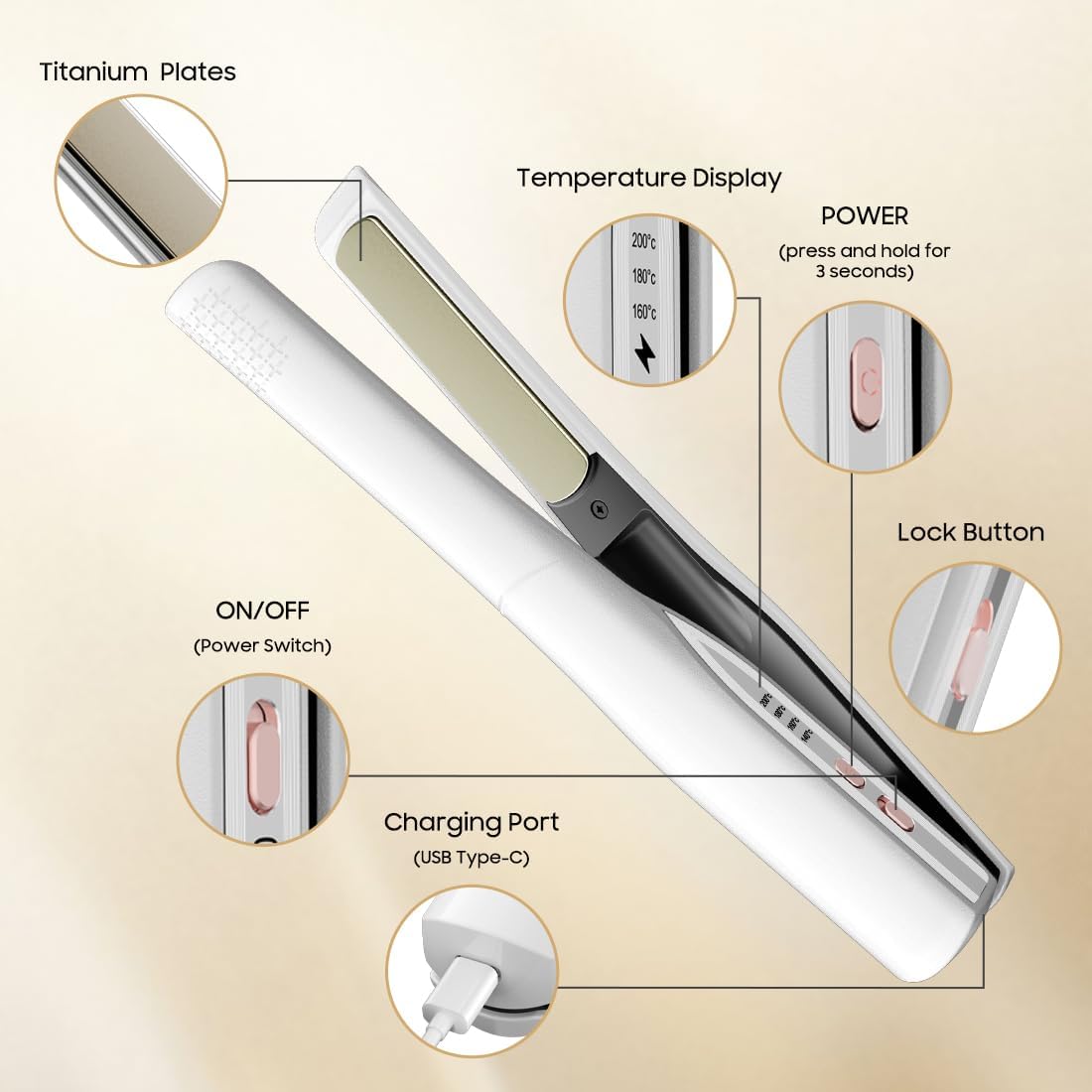 Cordless Hair Straightener and Curler 2 in 1, Fast Heating Cordless Flat Iron, Ultra-Light Portable Straightener for On The Go, Anti-Scald Design with USB-C Charging& Negative Ion Technology (White) - Image 7