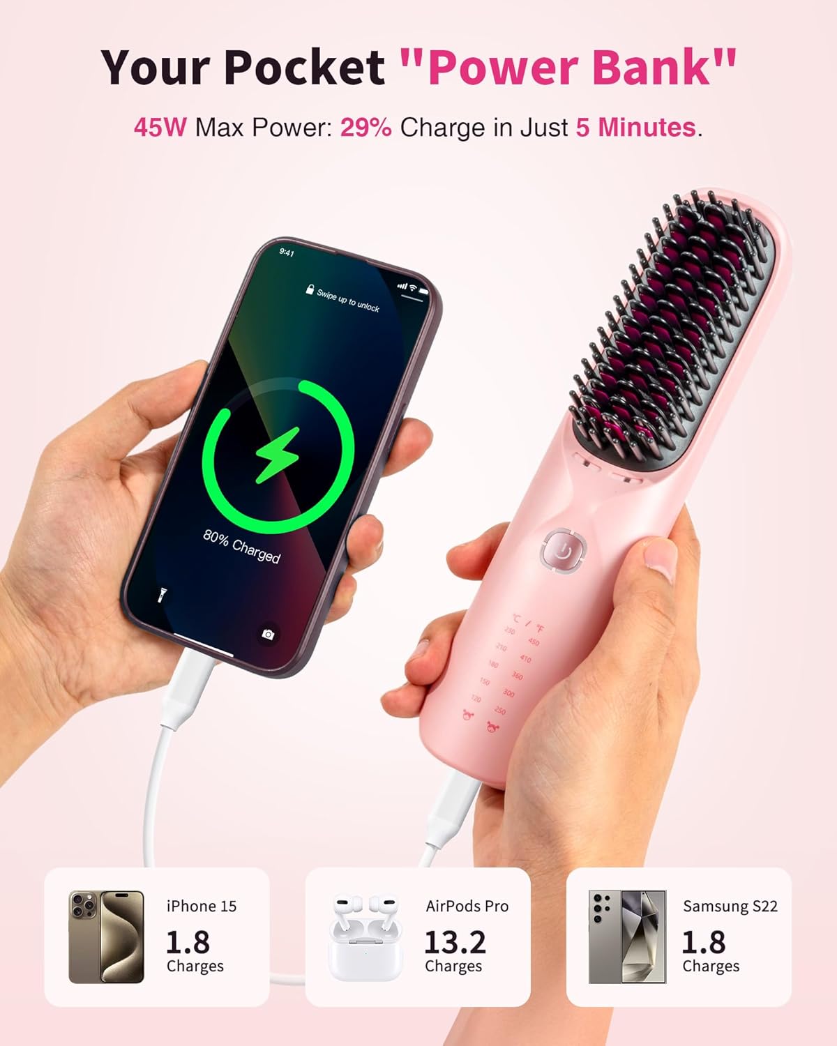 Cordless Hair Straightener Brush - Portable Hair Brush for Travel - 30s Fast Heating - 300 Million Negative Ions for Frizz-Free Shine, Touch Up On-The-Go, Gift for Women,10,000mAh - Image 7