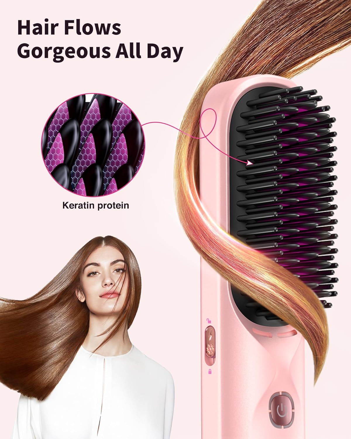 Cordless Hair Straightener Brush - Portable Hair Brush for Travel - 30s Fast Heating - 300 Million Negative Ions for Frizz-Free Shine, Touch Up On-The-Go, Gift for Women,10,000mAh - Image 4