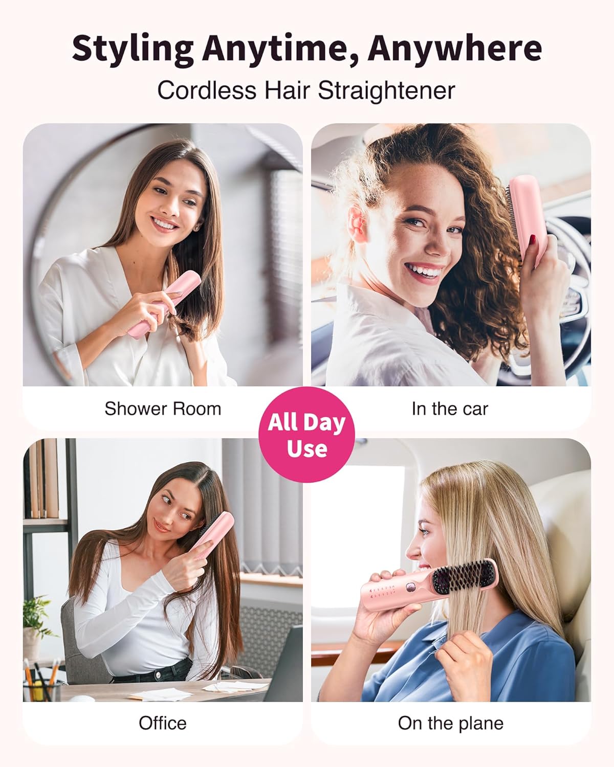 Cordless Hair Straightener Brush - Portable Hair Brush for Travel - 30s Fast Heating - 300 Million Negative Ions for Frizz-Free Shine, Touch Up On-The-Go, Gift for Women,10,000mAh - Image 2