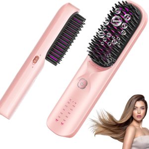 Cordless Hair Straightener Brush - Portable Hair Brush for Travel - 30s Fast Heating - 300 Million Negative Ions for Frizz-Free Shine, Touch Up On-The-Go, Gift for Women,10,000mAh