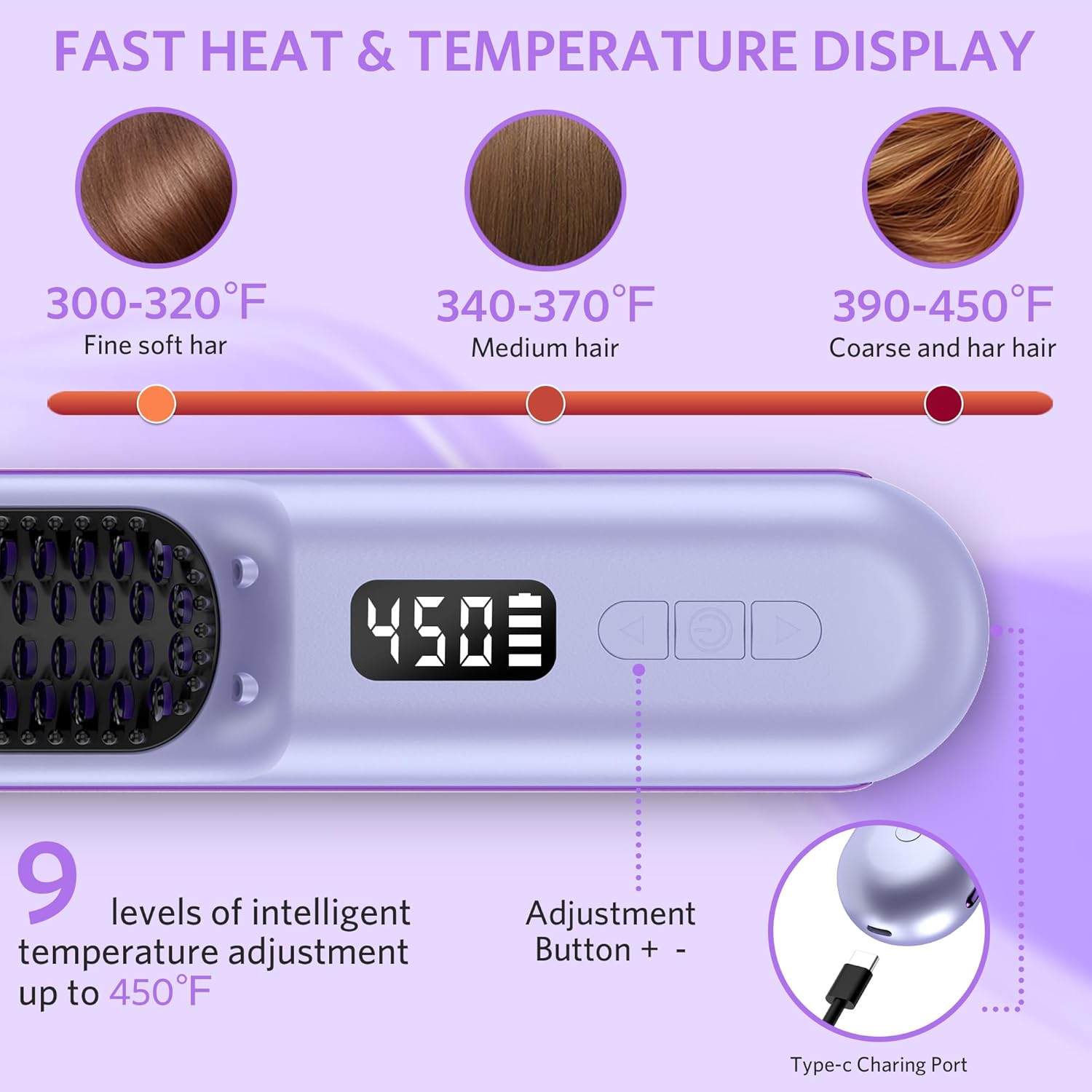 Cordless Hair Straightener Brush, Portable Mini Heated Hair Brush for Women, 9600mAh USB-C Rechargeable, Lightweight Anti-Scald Straightener for Home, Office & Travel - Image 5