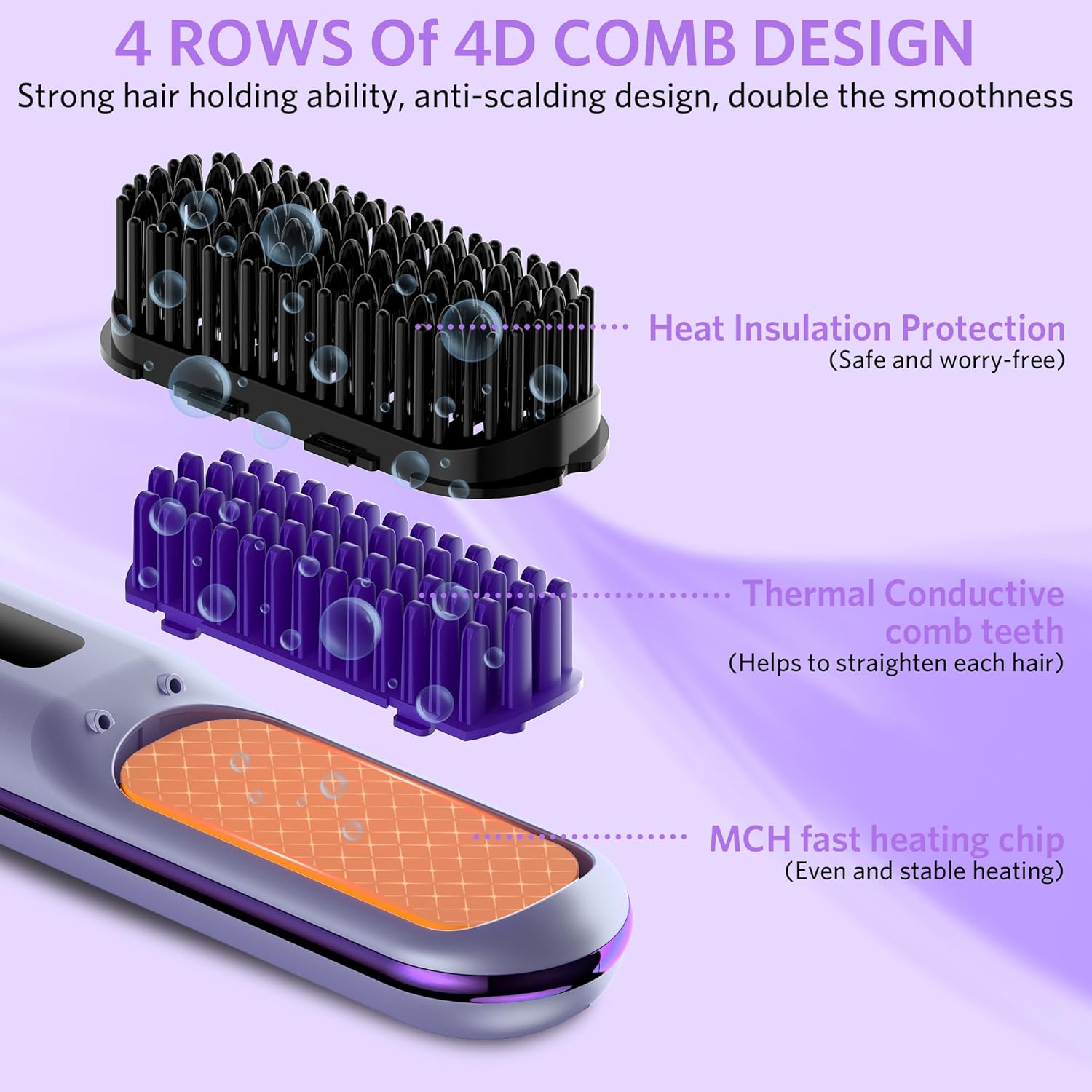 Cordless Hair Straightener Brush, Portable Mini Heated Hair Brush for Women, 9600mAh USB-C Rechargeable, Lightweight Anti-Scald Straightener for Home, Office & Travel - Image 4