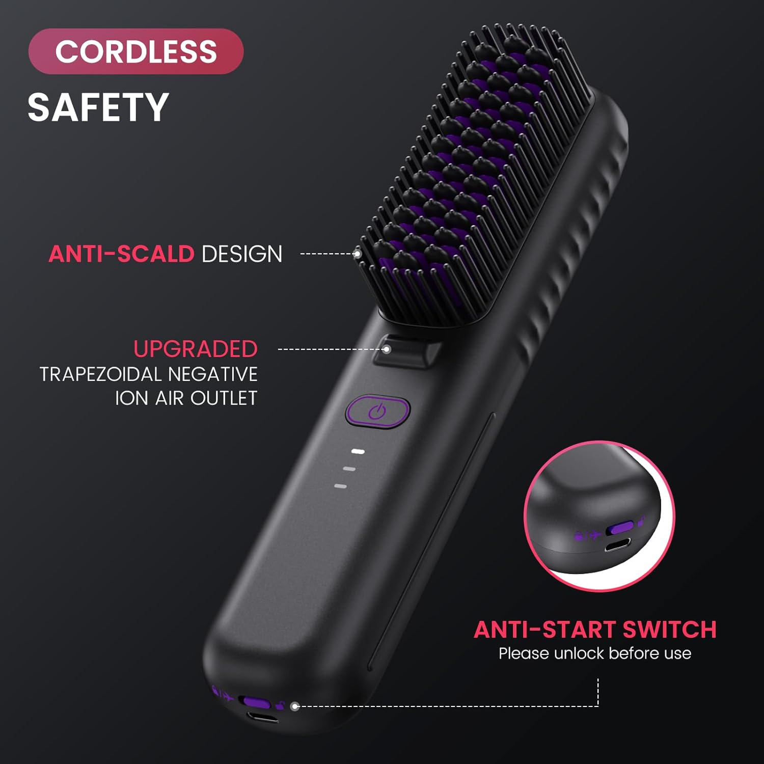 Cordless Hair Straightener Brush, Portable Mini Straightening Brush for Travel, Negative Ion Hot Comb Hair Straightener for Women, Light Purple - Image 6
