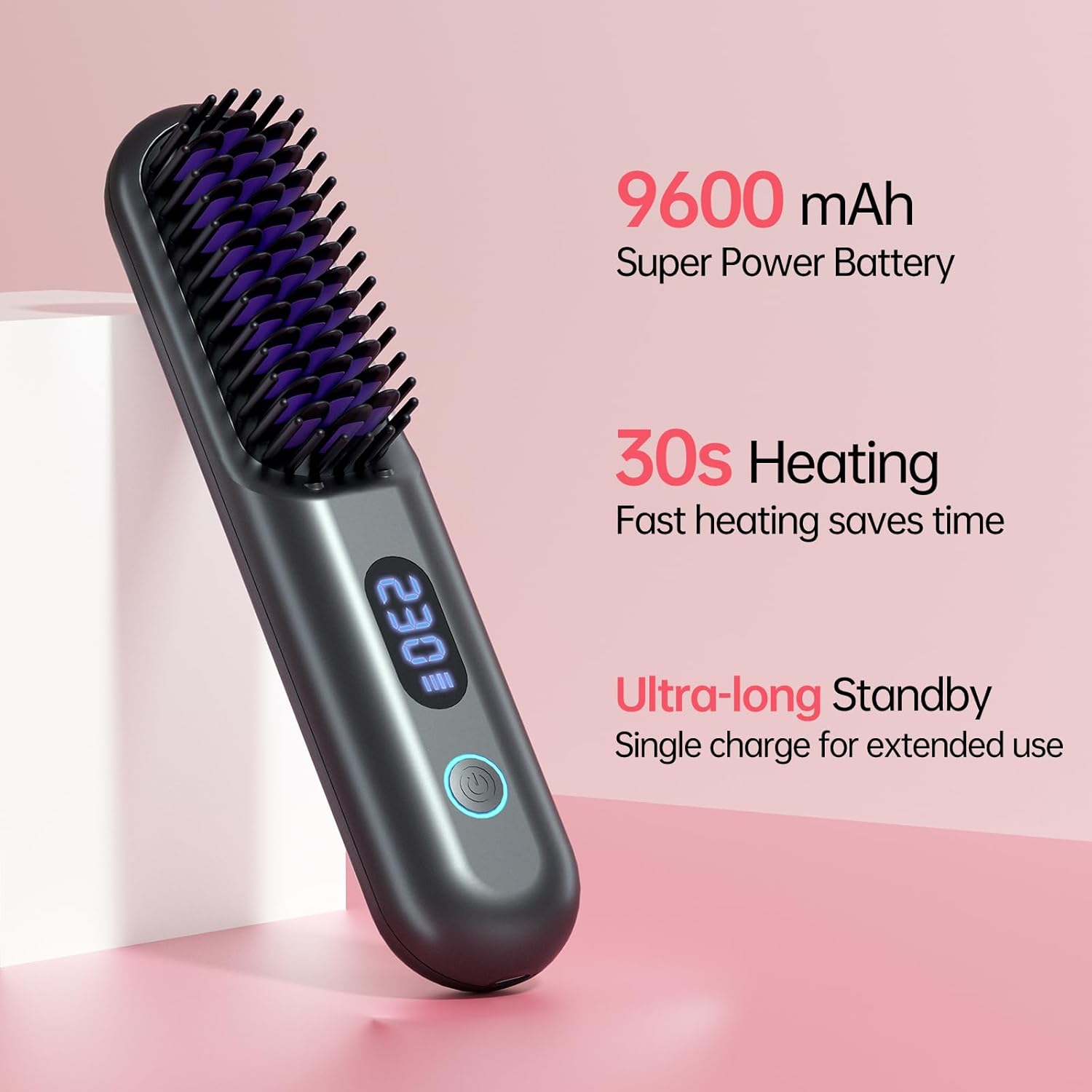 Cordless Hair Straightener Brush-Portable Straightening Comb, 9600mAh Batt, Plasma Tech, 9 Temp-Settings & LED Display, for Travel & Home (Metallic Grey) - Image 6
