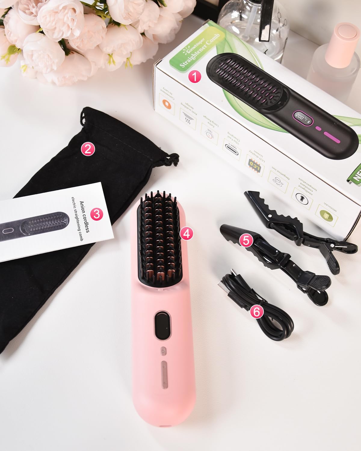 Cordless Hair Straightener Brush with 200 Million Anion, Portable Comb for Travel with LCD Display, 2 Clips - Pink - Image 7