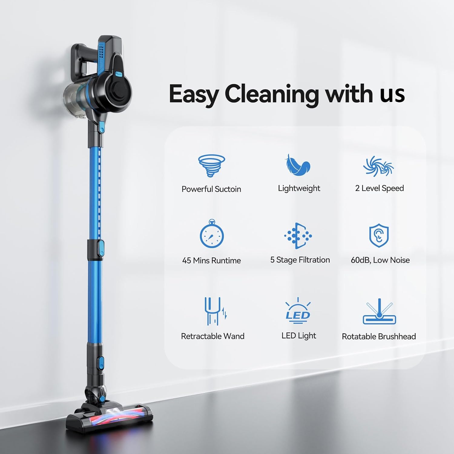 Cordless Vacuum Cleaner for Home, Stick Vacuum Cleaner Poweful, Rechargeable Vacuum Battery Up to 45 Mins Runtime, Lightweight Vacuum Handheld Househeld for Carpet, Floor, Pet Hair-Blue - Image 2