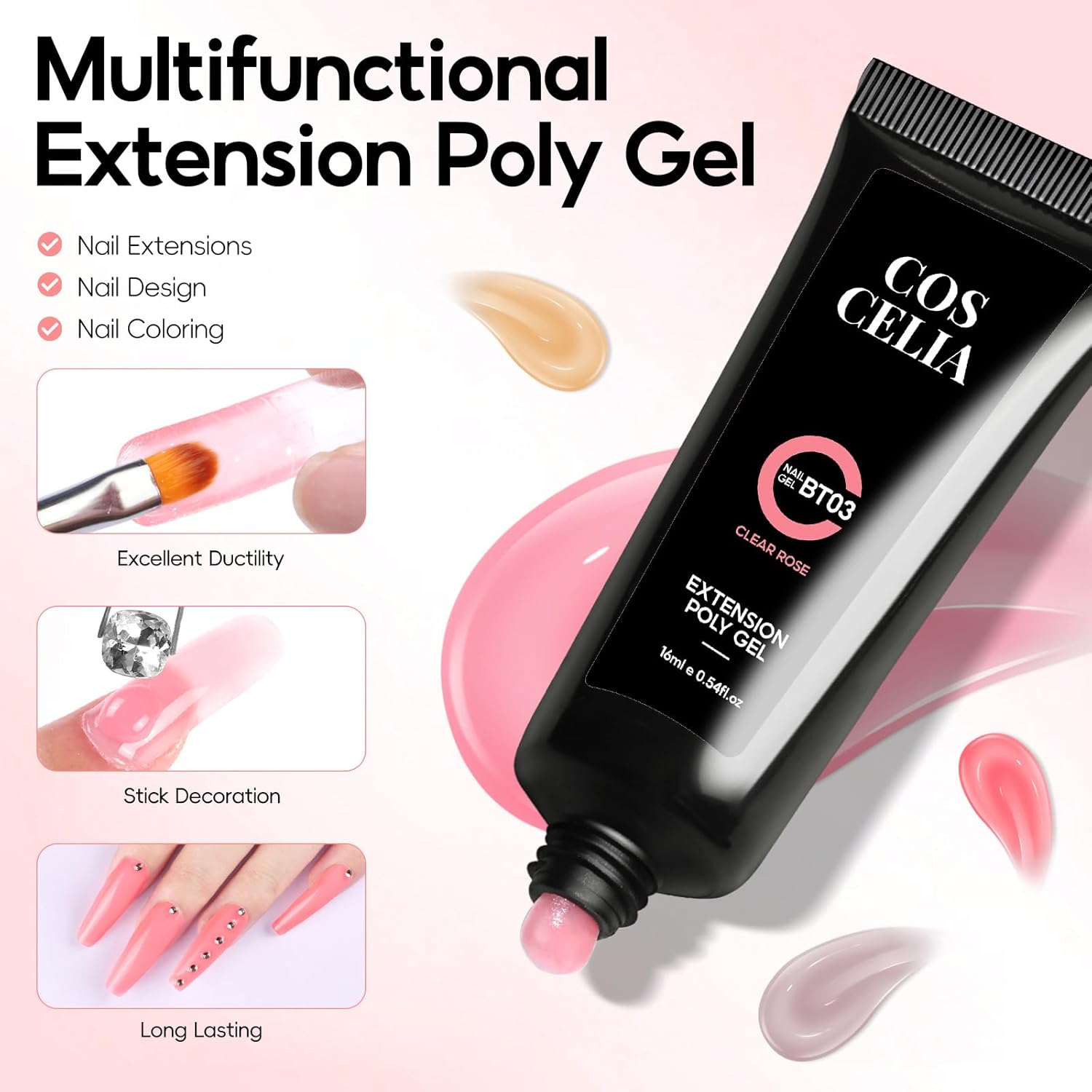COSCELIA Poly Nail Gel Kit Starter Kit with U V Lamp 3PC Coscelia Poly Extension Gel for Beginners Clear Pink White Nail Art Quick Building Gel Manicure Kits Gift for Women DIY at Home - Image 5