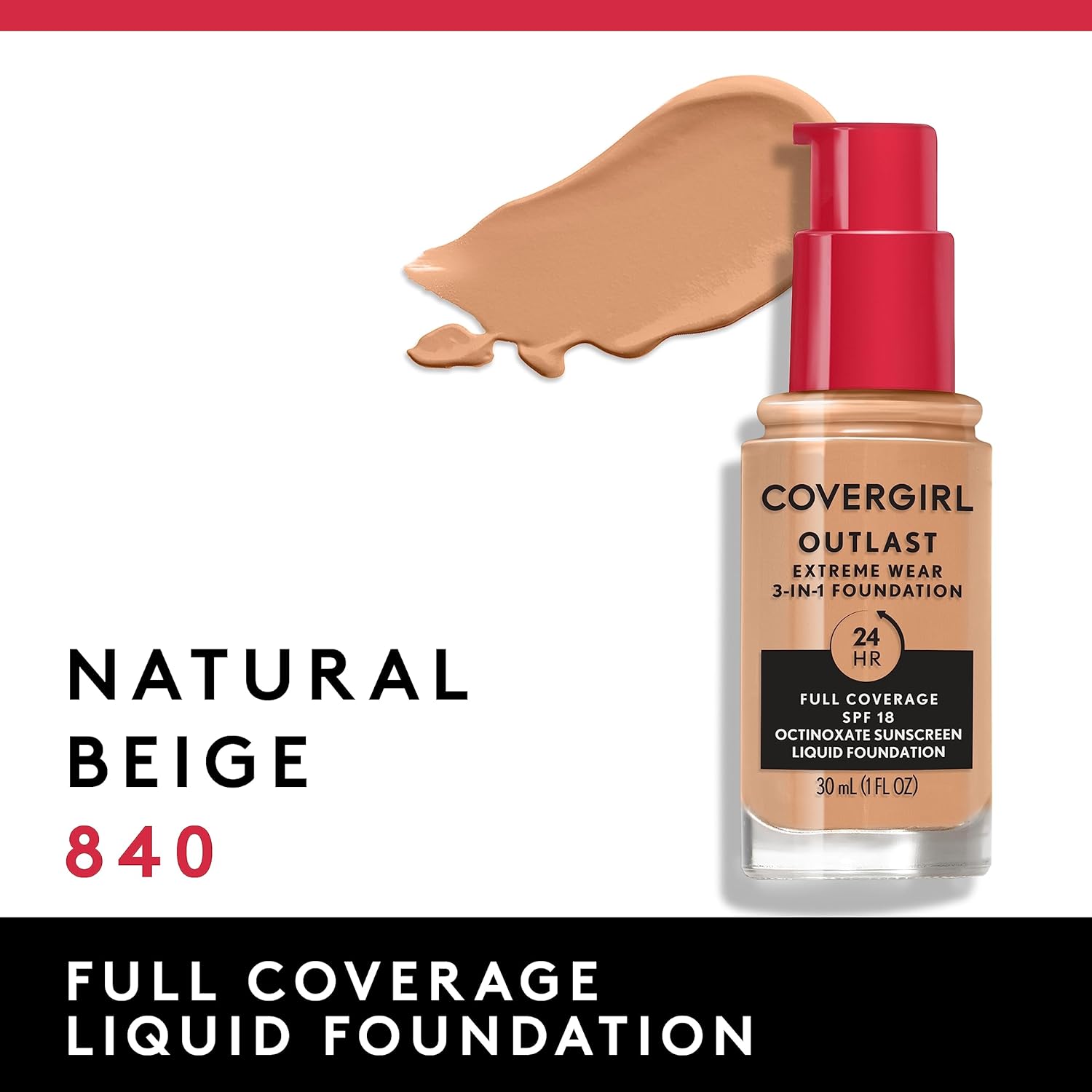 Covergirl Outlast Extreme Wear 3-in-1 Full Coverage Liquid Foundation, SPF 18 Sunscreen, Natural Beige, 1 Fl. Oz. - Image 3