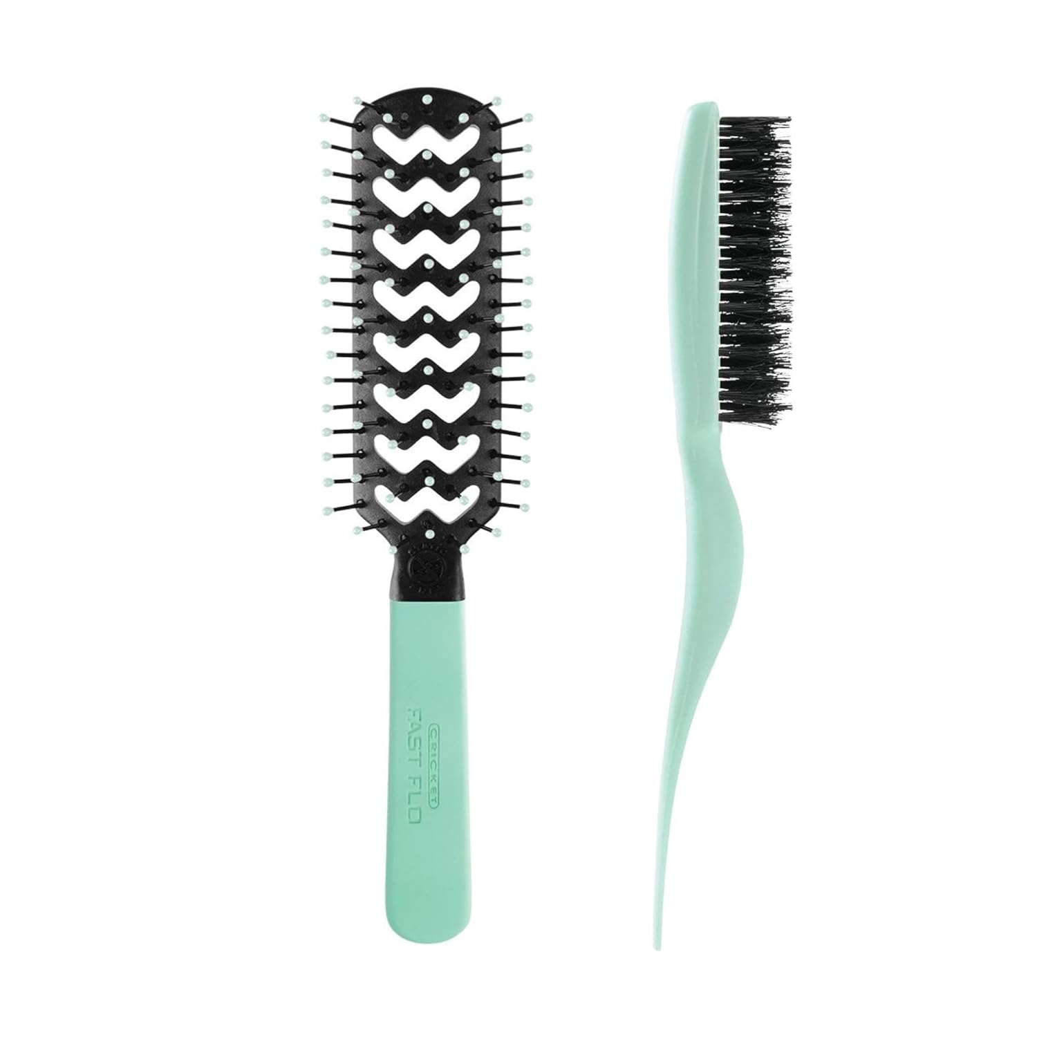 Cricket Static Free Fast Flo Vent & Amped Up Rubberized Teasing Hair Brush - Hair Brushes for Women, Men & Stylists with Non-Snag Bristles - 2-Pack Hairbrush Set, Mint