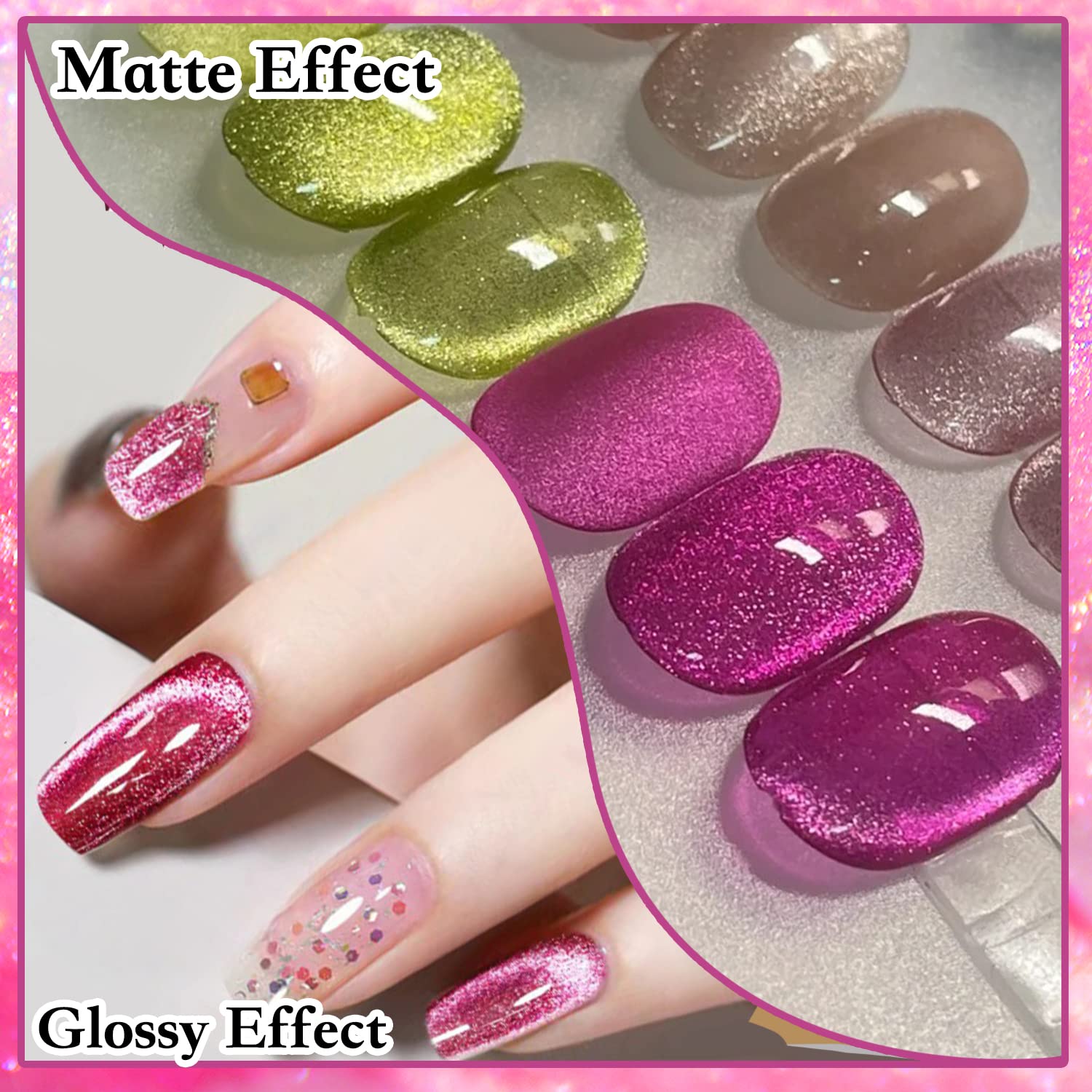 Crystal Cat Eye Gel Polish Kits Magnetic Nail Polish Set Holographic Cats Shiny Diamond Glitter Gel with Magnet Stick (Dark Pink) - Image 5
