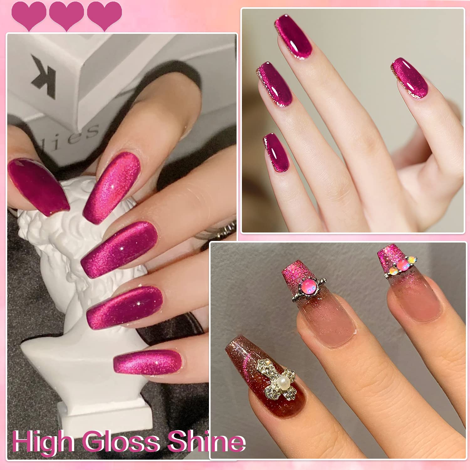 Crystal Cat Eye Gel Polish Kits Magnetic Nail Polish Set Holographic Cats Shiny Diamond Glitter Gel with Magnet Stick (Dark Pink) - Image 3